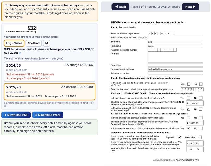 Scheme pays paperwork: the official election form for England & Wales, Scotland and Northern Ireland filled in from the modeller